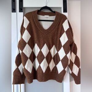 Moon River V-Neck Sweater in Brown and Cream Argyle